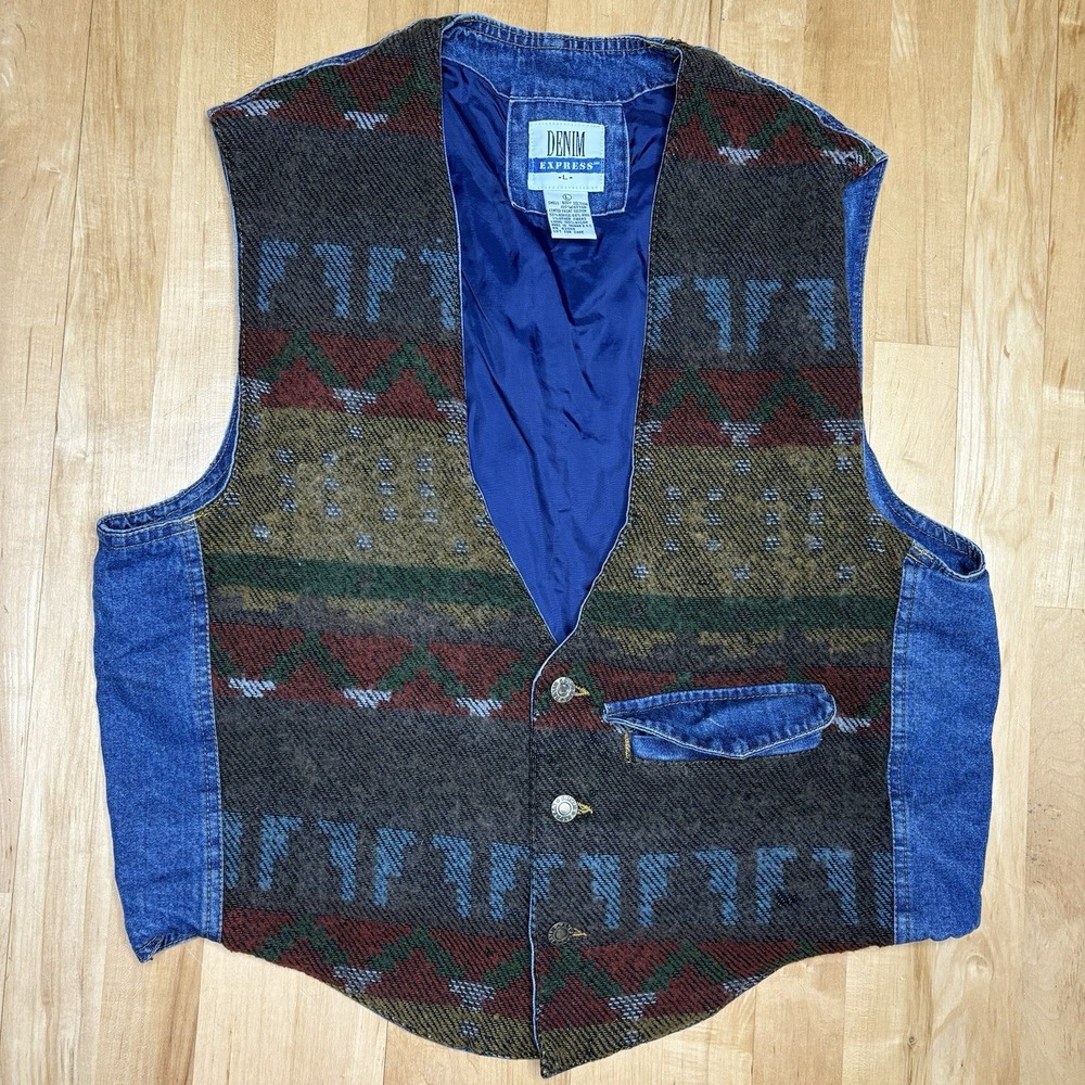 Vintage Denim Express Vest Southwestern Wool Large Blue Western Grandpa Boho